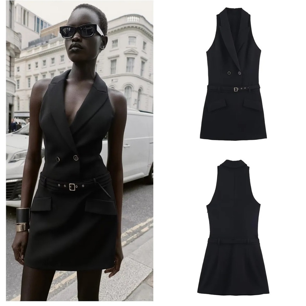 Zara Black Sleeveless Blazer Mini Dress with Belt Woman’s Large